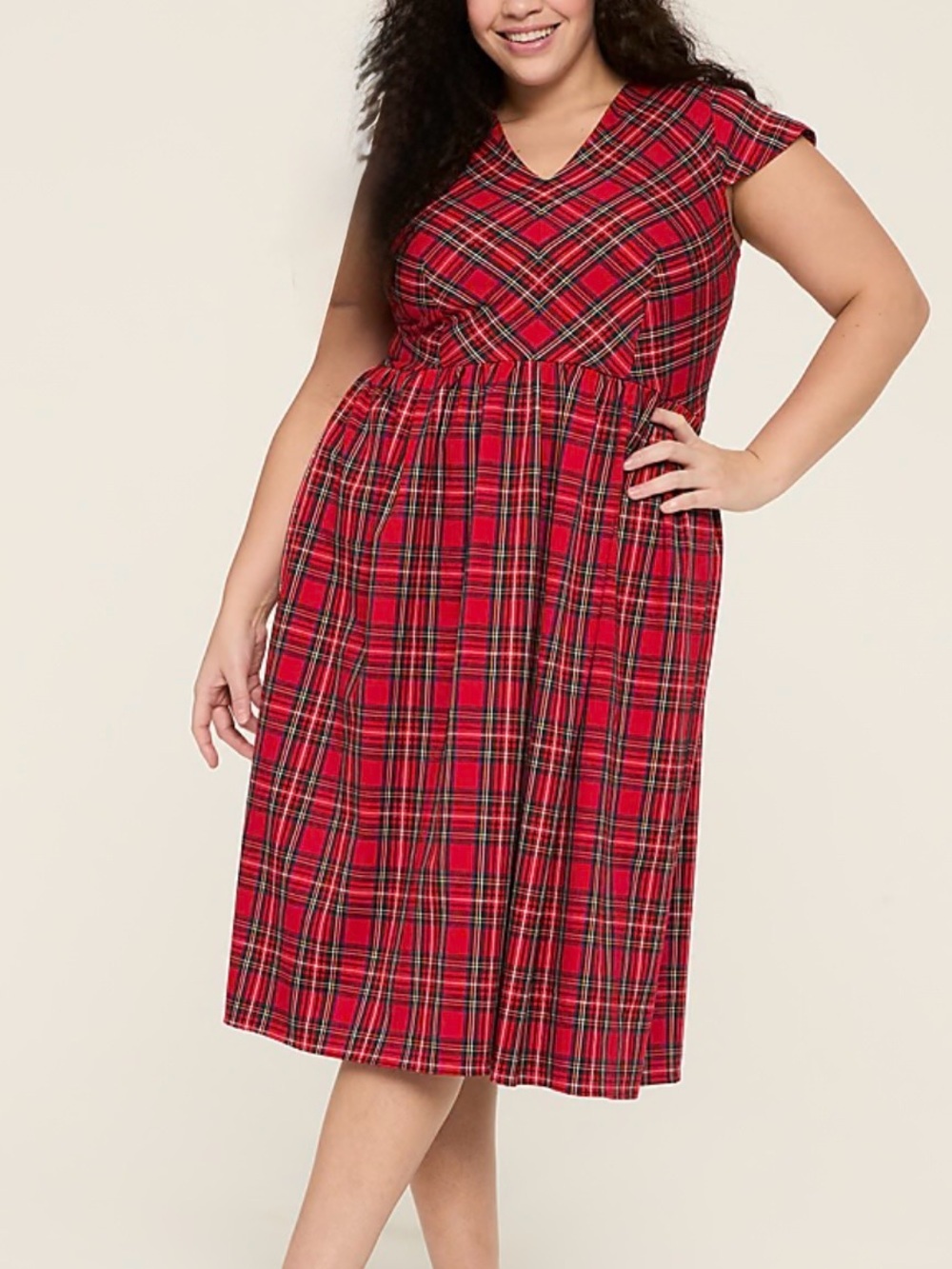 New Lane Bryant Cap-Sleeve Fit & Flare Midi Dress Tartan Red Plaid